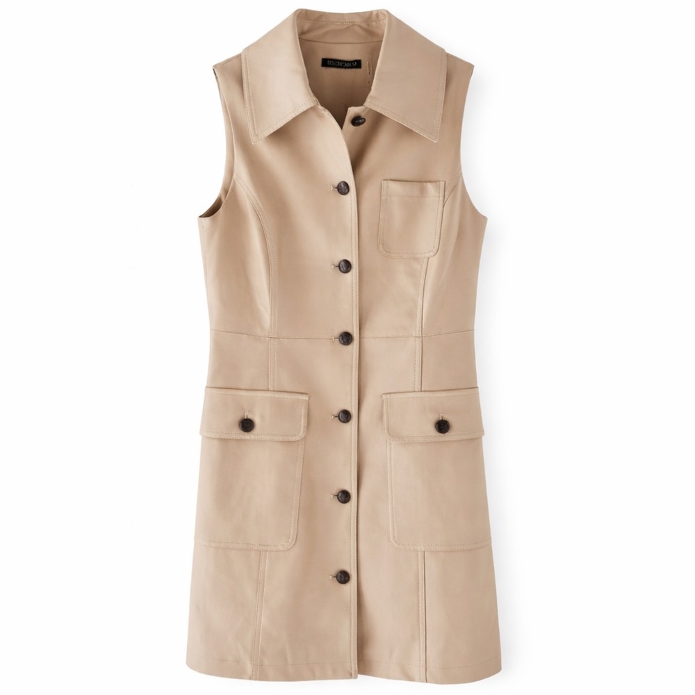 Dolce Cabo Vegan Leather Utility Mini Shirt Dress Beige Sleeveless Medium NWT